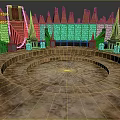 Circular Arena Building With Red Spiked Roofs Chains And Stone Ground 3d model