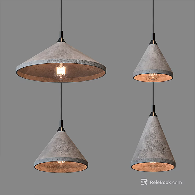 Modern Textured Gray Pendant Lights with Wide Brim and Cone Design Illuminated Bulbs 3d model 