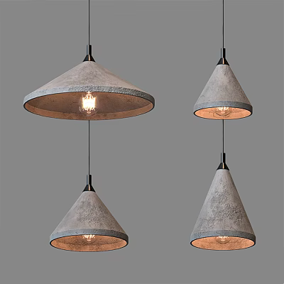 Modern Textured Gray Pendant Lights with Wide Brim and Cone Design Illuminated Bulbs 3d model