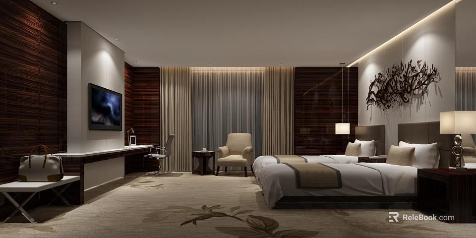 Hotel Guest Room Modern Interior With Comfortable Bed Armchair TV And Decorative Carpet 3d model 