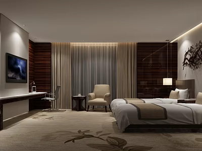 Hotel Guest Room Modern Interior With Comfortable Bed Armchair TV And Decorative Carpet 3d model