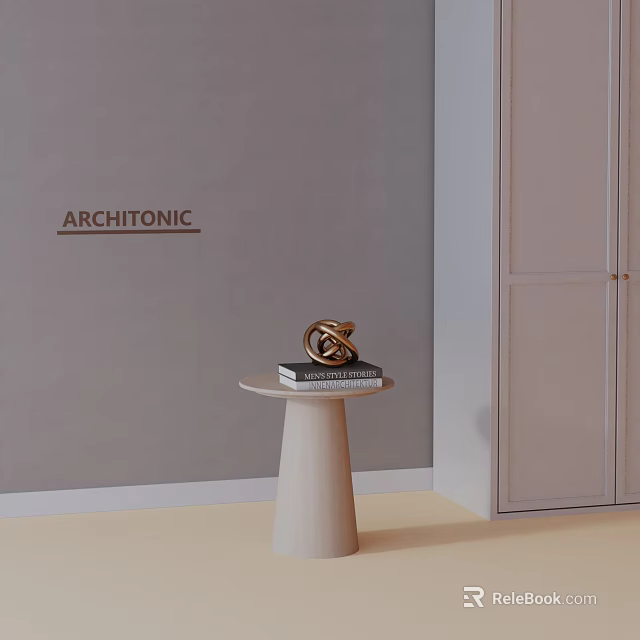 Modern White Cylindrical Side Table With Books And Decorative Ring Against Gray Wall 3d model 