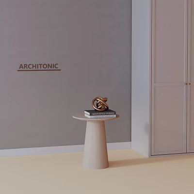 Modern White Cylindrical Side Table With Books And Decorative Ring Against Gray Wall 3d model