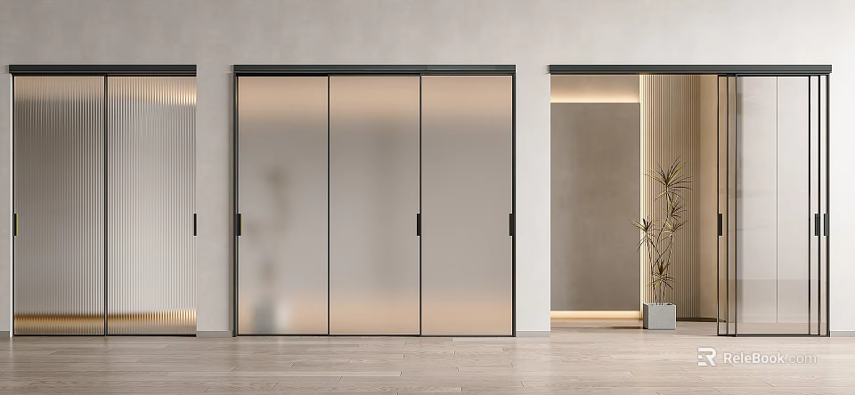 Modern Sliding Glass Doors With Black Frame In Minimalist Interior Space 3d model 