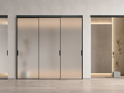 Modern Sliding Glass Doors With Black Frame In Minimalist Interior Space 3d model
