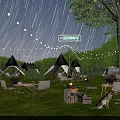 Starry Night Garden Landscape With White Tents String Lights And Lawn Seating Area