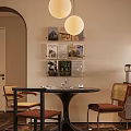 Modern Living Dining Room Interior With Wooden Furniture White Armchair Stacked Books And Pendant Lights