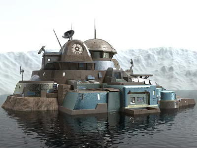 Future Architecture Water Based Dome Structure With Metallic Exterior And Mountain Backdrop 3d model