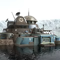 Future Architecture Water Based Dome Structure With Metallic Exterior And Mountain Backdrop