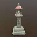 Green Moss Covered Stone Lantern Pillar With Red Roof And Chinese Characters