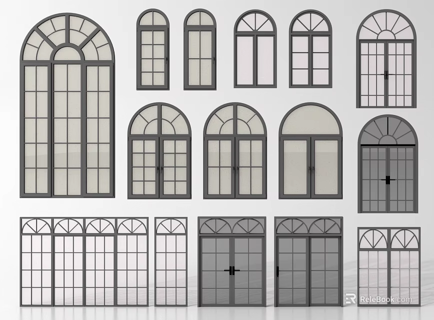 Various Styles of Windows and Doors Design Collection with Arch and Panel Details 3d model 