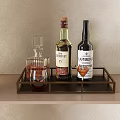 Wooden Storage Shelf Featuring Metal Tray Crystal Decanter Liquor Bottles and Wine Glasses