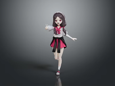 Cute 3D Child Character Wearing School Uniform Pink Black Skirt Waving Hand Peace Sign Gesture 3d model