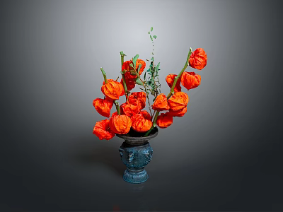 Blue Ceramic Vase With Vibrant Orange Flowers And Green Leafy Branches 3d model