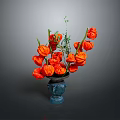 Blue Ceramic Vase With Vibrant Orange Flowers And Green Leafy Branches
