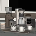Modern Kitchen Appliances With Blender Coffee Maker Jars And Mugs On Marble Countertop