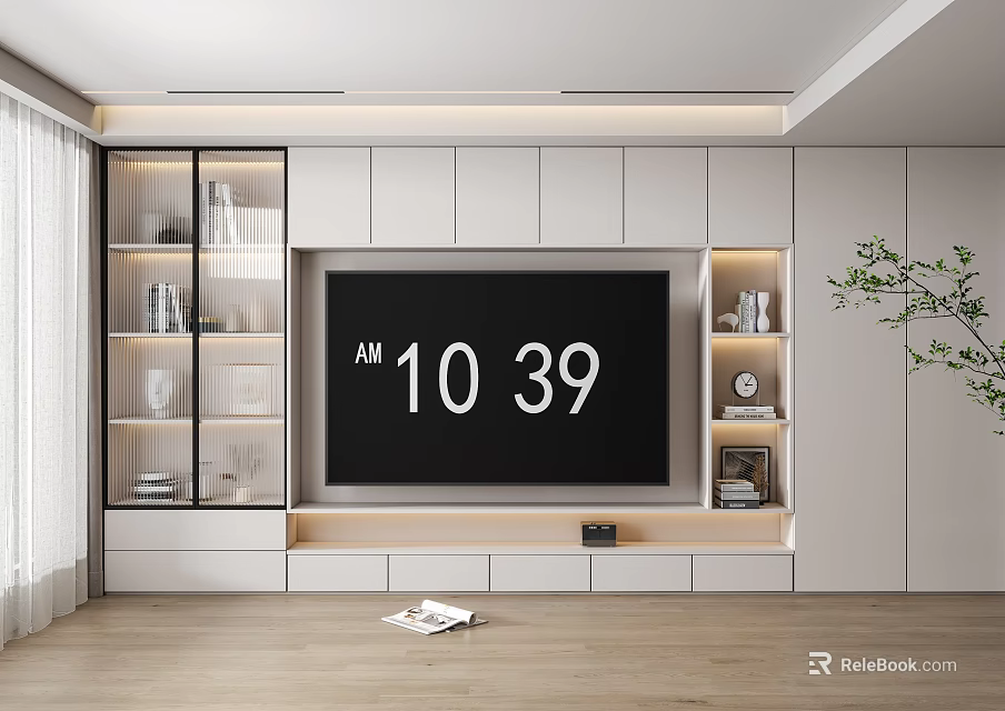 Modern White TV Stand with Glass Door Storage and TV in Living Room Interior 3d model 