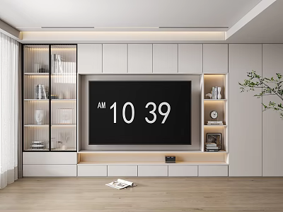 Modern White TV Stand with Glass Door Storage and TV in Living Room Interior 3d model