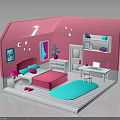 Pink Bedroom Interior With Bed Desk Nightstand Lamp Blue Rug And Moon Star Art