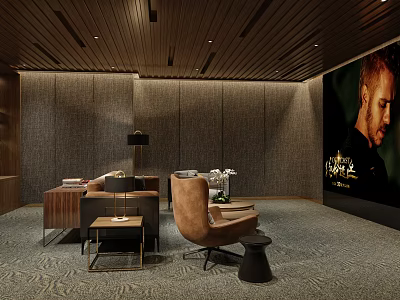 Luxurious Home Theater Interior With Large Screen Comfortable Armchair Wooden Ceiling And Gray Walls 3d model