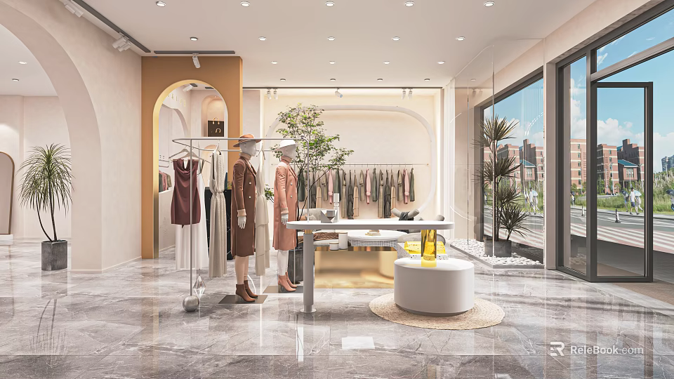 Modern Clothing Store Interior Design With Mannequins Hanging Clothes And Green Plants 3d model 