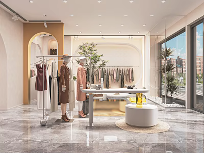 Modern Clothing Store Interior Design With Mannequins Hanging Clothes And Green Plants 3d model