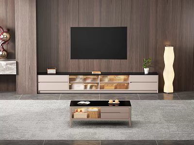 Modern TV Stand with Mounted TV on Wooden Wall Storage Decor Small Plant and Floor Lamp 3d model