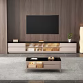 Modern TV Stand with Mounted TV on Wooden Wall Storage Decor Small Plant and Floor Lamp