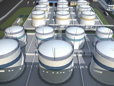 Industrial Plant Featuring Rows Of Large Storage Tanks And Piping System Layout 3d model
