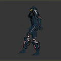 Game Movie Character Detailed Blue Mech Warrior With Mechanical Armor And Glowing Core