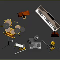Musical Instruments and Equipment Including Drum Set Double Bass Piano Guitar Saxophone and Microphone