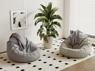 Gray Bean Bag Chairs In Room With Black And White Checkered Rug Green Plant 3d model