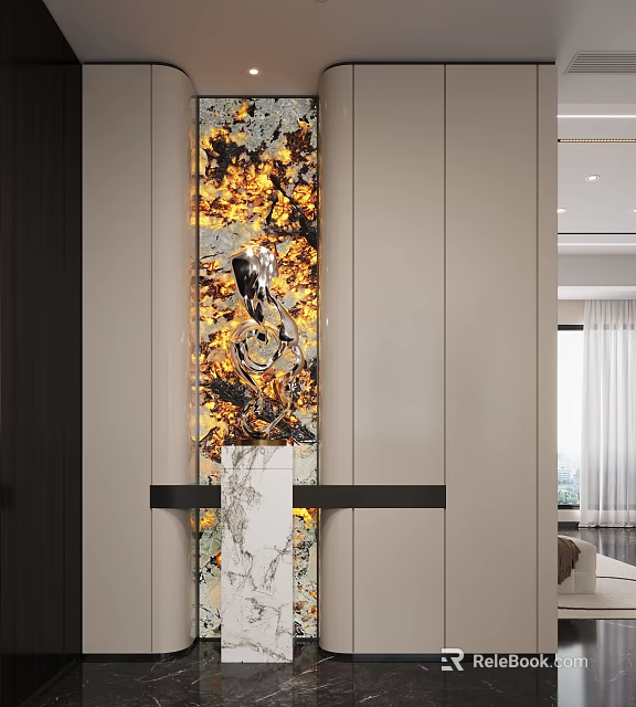 Elegant Modern Entryway Hallway Design With Decorative Wall Marble Elements And Ambient Lighting 3d model