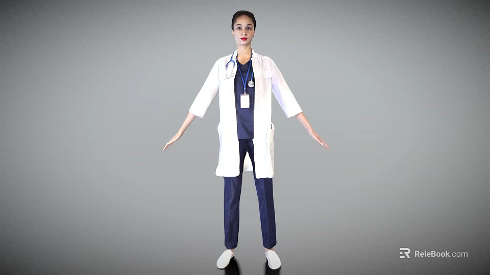 Professional Woman Doctor In White Coat With Stethoscope And ID Badge Standing 3d model 