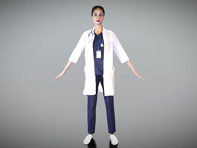 Professional Woman Doctor In White Coat With Stethoscope And ID Badge Standing 3d model