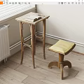 Wooden Bar Stool With Upholstered Seat And Side Table In Home Interior