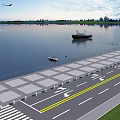 Tranquil Waterfront Scenery With Boats Pier Birds And Distant Land Under Blue Sky