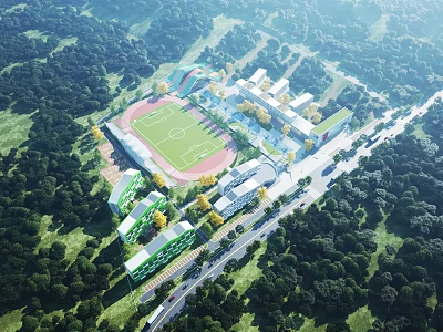 Aerial View Of Modern School Campus Buildings With Football Field And Green Trees 3d model