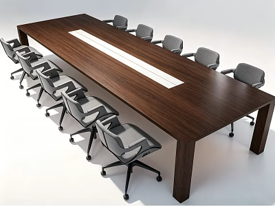 Modern Walnut Conference Table With Central White Stripe And Gray Office Chairs 3d model