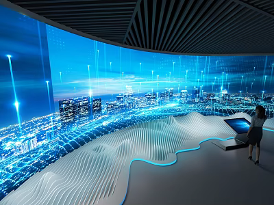Modern Digital Exhibition Hall Interior With Interactive Display City Projection And Woman Using Touchscreen 3d model