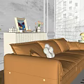 Orange Three-Seater Sofa in Modern Living Room with Plush Toy Coffee Table and Window Blinds