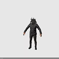 Futuristic Warrior Character With Biomechanical Samurai Helmet Horns Glowing Eyes Dark Coat Buttons Pockets
