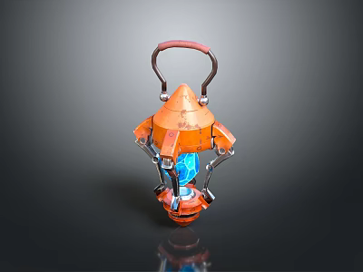 Orange Mechanical Lantern With Red Handle Blue Glowing Core Vintage Sci Fi Decorative Lighting 3d model