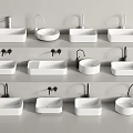 Multiple White Washbasin Designs with Assorted Faucet Styles Arranged in Rows