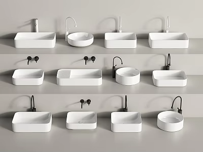 Multiple White Washbasin Designs with Assorted Faucet Styles Arranged in Rows 3d model