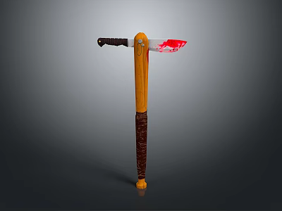 Axe Weapon With Red Stained Blade And Yellow Brown Wooden Handle 3d model