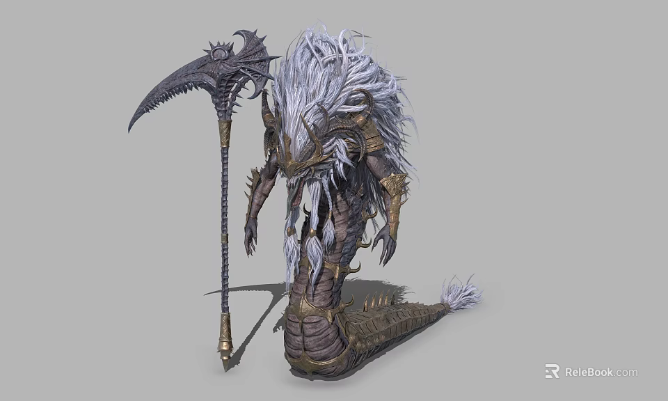 Mythical Warrior Creature With White Hair Scaled Body Tail And Scythe Weapon 3d model 