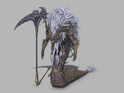 Mythical Warrior Creature With White Hair Scaled Body Tail And Scythe Weapon 3d model