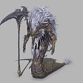 Mythical Warrior Creature With White Hair Scaled Body Tail And Scythe Weapon