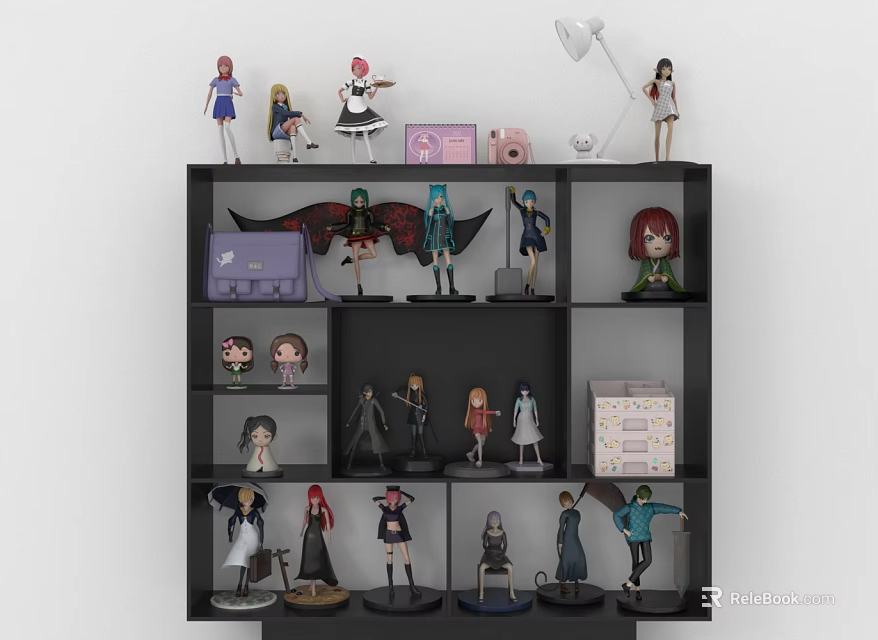 Anime Figurines Display On Black Multi Tiered Shelf With Decorative Items 3d model